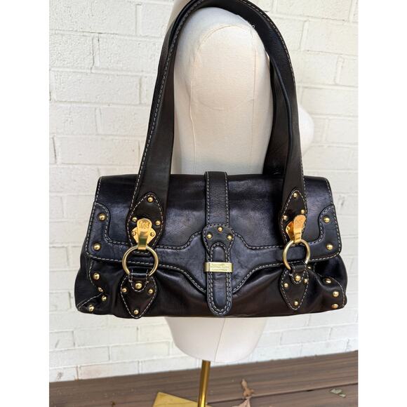 Vintage Michael Kors Black Studded Leather Shoulder Bag Satchel Gold Y2K - Picture 1 of 14